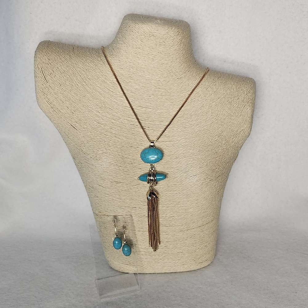 Fashion Jewelry Metal Stone Pendant Long Necklace & Earring Set
